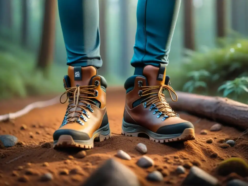 Un par de botas de senderismo cubiertas de barro en un paisaje salvaje, perfectas para terrenos inexplorados