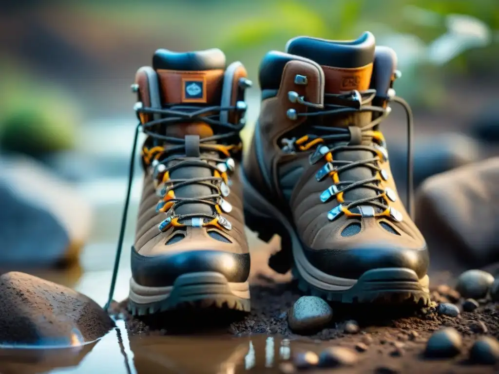 Un par de botas de senderismo cubiertas de barro, rodeadas de rocas y ramitas