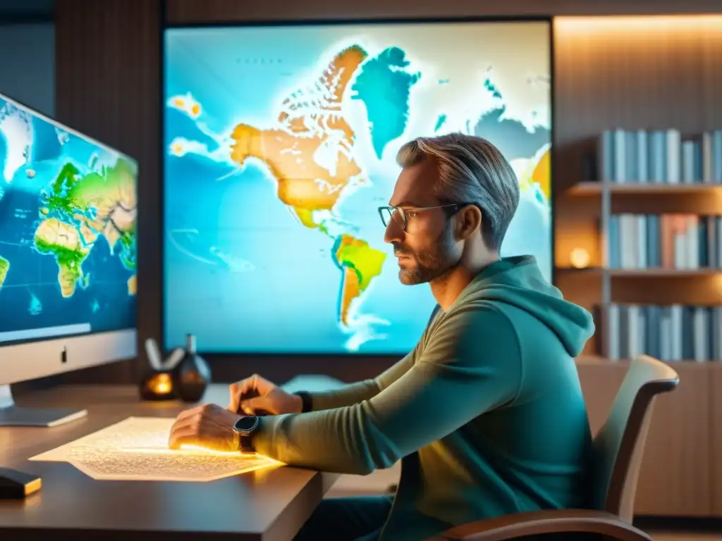 Experto en Cartografía: Concentración y Determinación Persona concentrada en cartografía digital rodeada de herramientas, libros y globos terráqueos, iluminada por la pantalla de la computadora