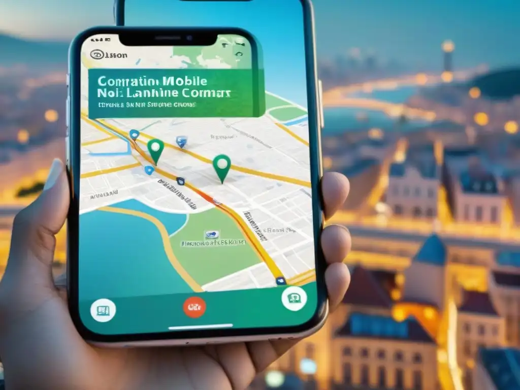 Persona concentrada usando mapa interactivo en aplicación móvil en ciudad