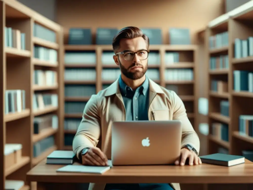 Persona concentrada en un ordenador, rodeada de libros de geografía y tecnología