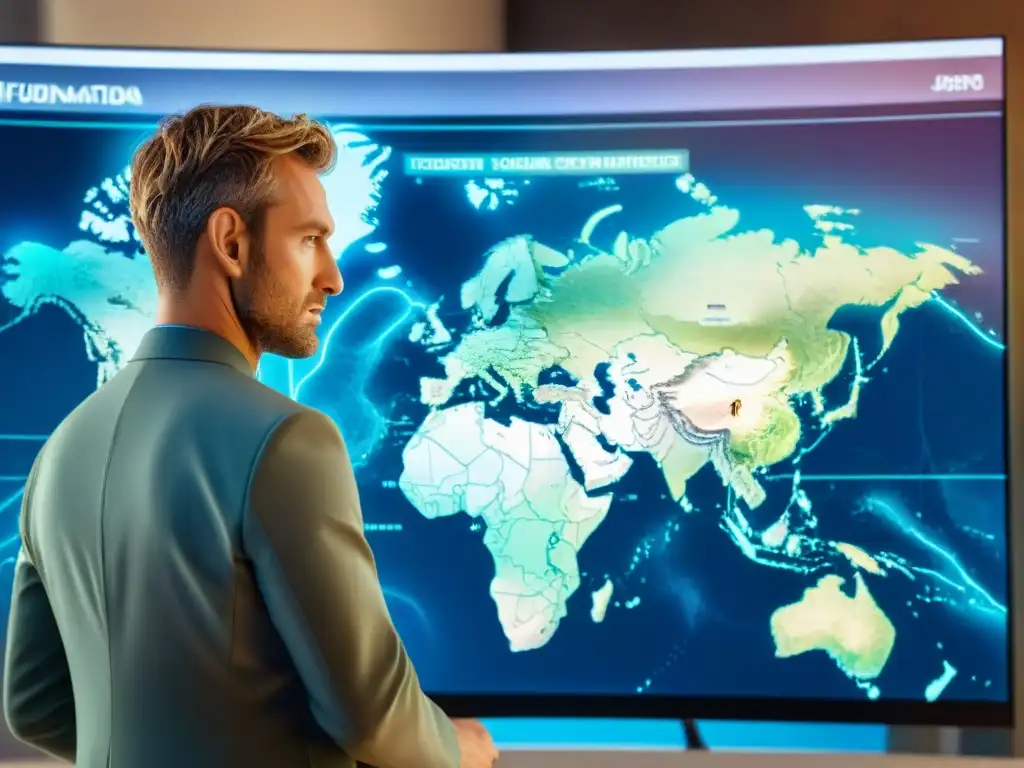 Persona enfocada interactúa con mapa digital del mundo en pantalla, fusionando exploración humana y evolución cartografía mapas digitales en oficina moderna