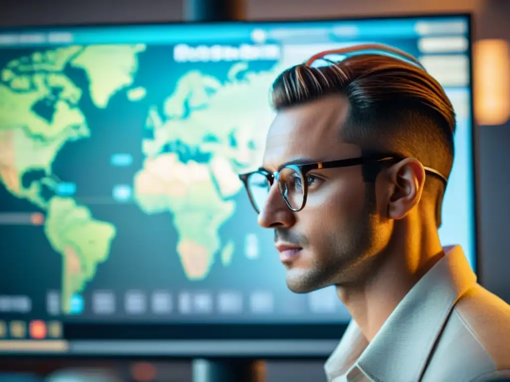 Persona con gafas concentrada en pantalla de datos geoespaciales, rodeada de tecnología vintage