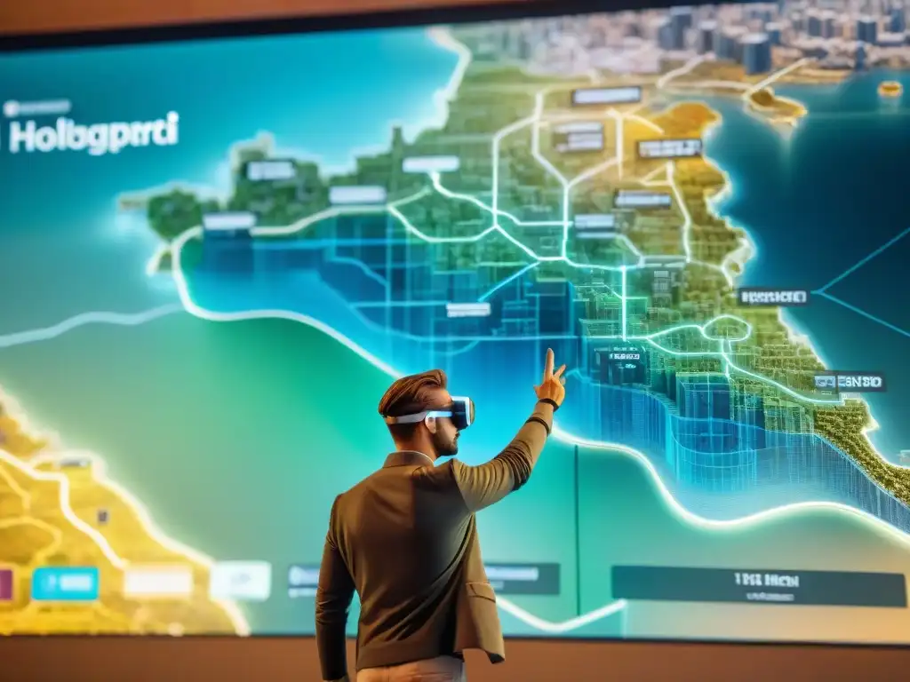 Persona con gafas de realidad aumentada señalando un mapa holográfico detallado de una ciudad