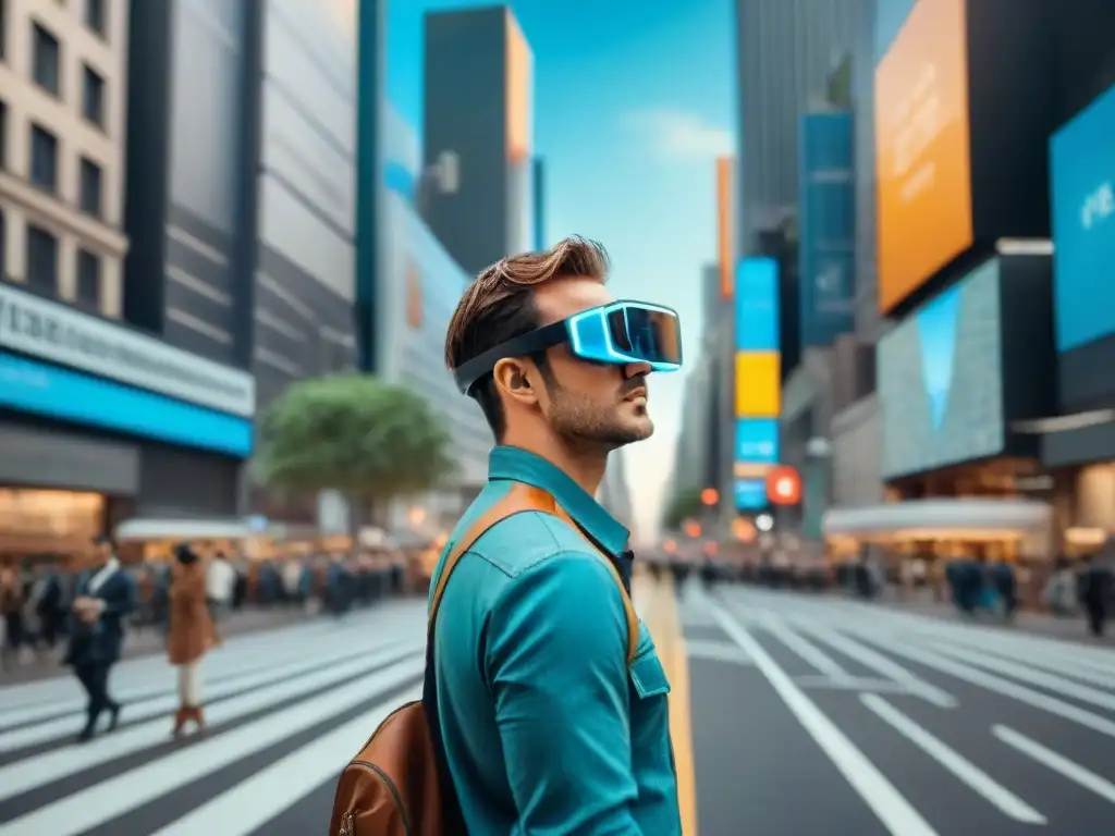 Persona con gafas de realidad aumentada en una calle de la ciudad llena de mapas digitales flotantes