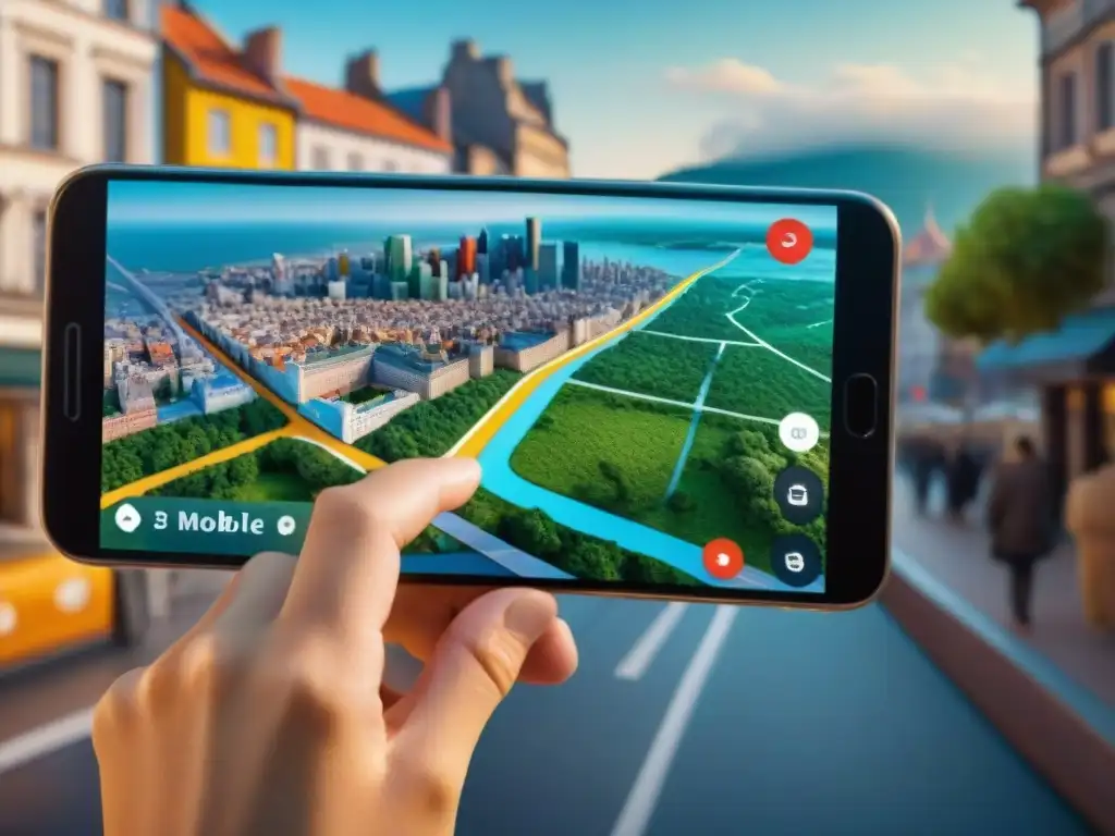 Persona explorando un mapa interactivo en una app móvil: detallado paisaje urbano y emoción