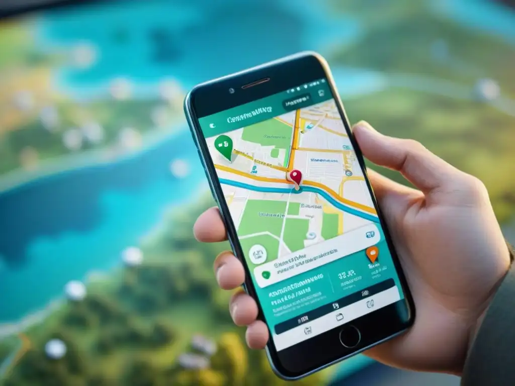 Persona satisfecha usando un mapa interactivo en su smartphone