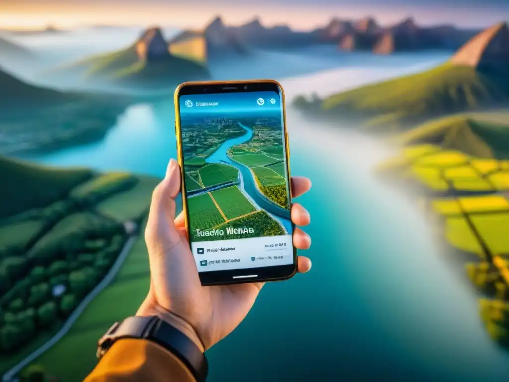 Persona usando sofisticada app de mapeo en smartphone