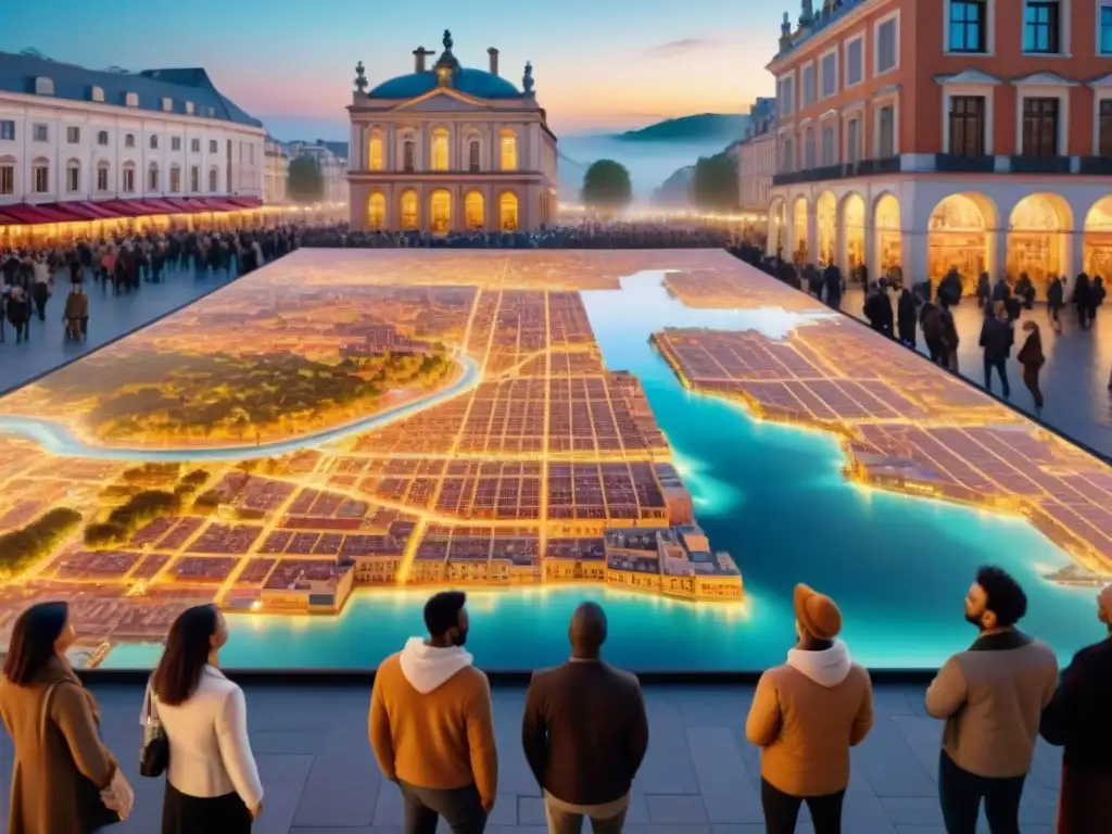 Personas explorando un mapa interactivo en la plaza de la ciudad al atardecer, con realidad aumentada en cartografía