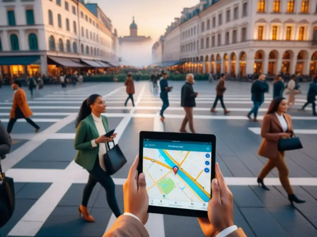 Personas en la plaza de la ciudad usando mapas interactivos en dispositivos, equilibrando privacidad con conveniencia