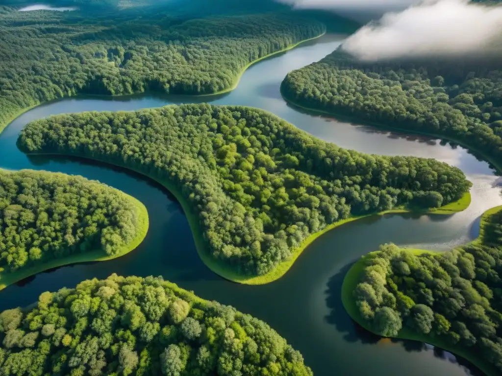 Revolución drones cartografía perspectivas aéreas: Red de ríos serpenteando entre densa vegetación desde la altura