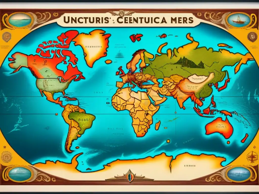 Póster detallado de un antiguo mapa del mundo con monstruos marinos y detalles cartográficos, ideal para la colección de Posters mapas antiguos