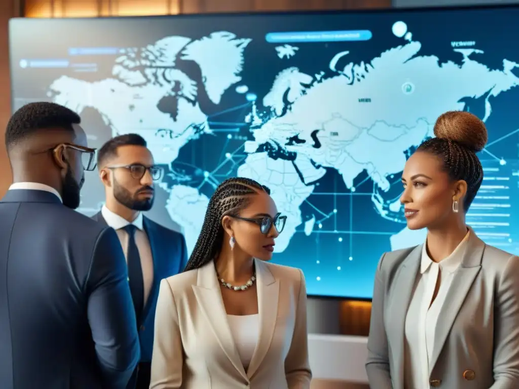 Profesionales diversificados colaborando en un mapa interactivo con datos de protección cibernética