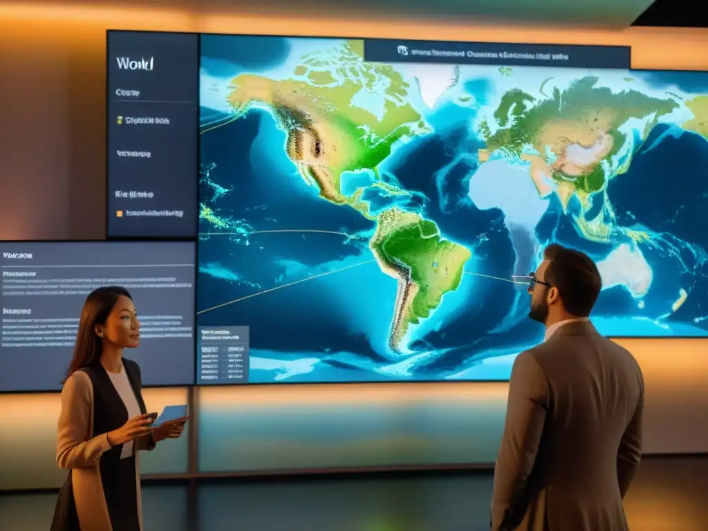 Profesionales analizando visualización geoespacial para toma decisiones en pantalla iluminada