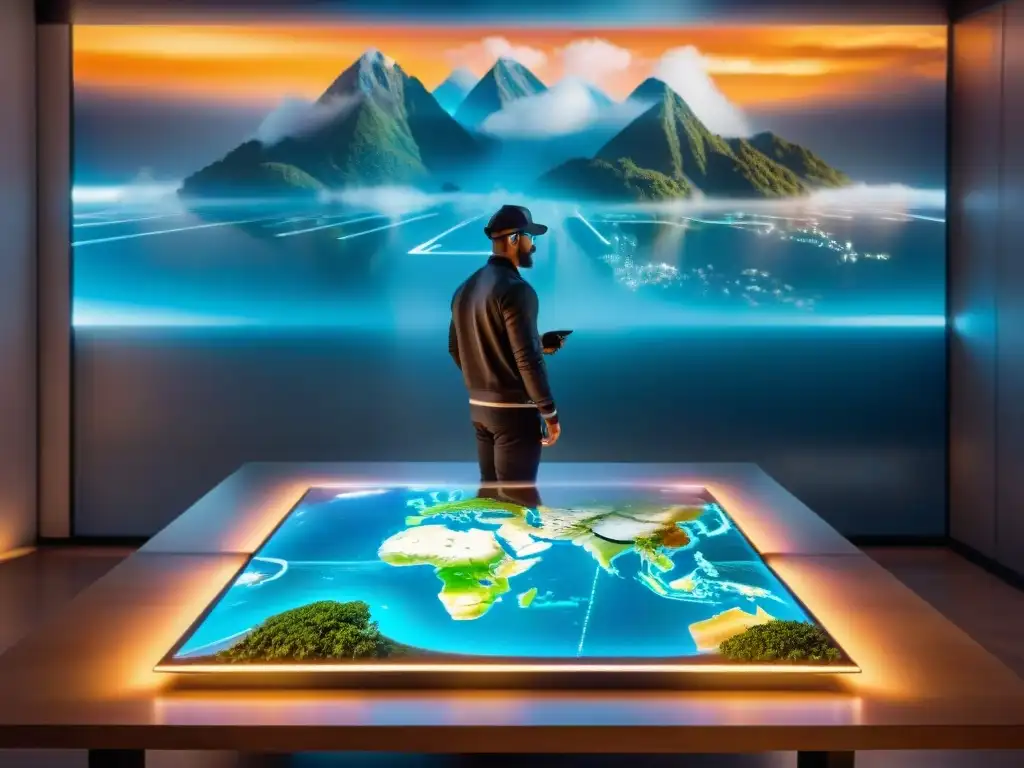 Profesionales interactúan con mapa holográfico en mesa, con datos en tiempo real