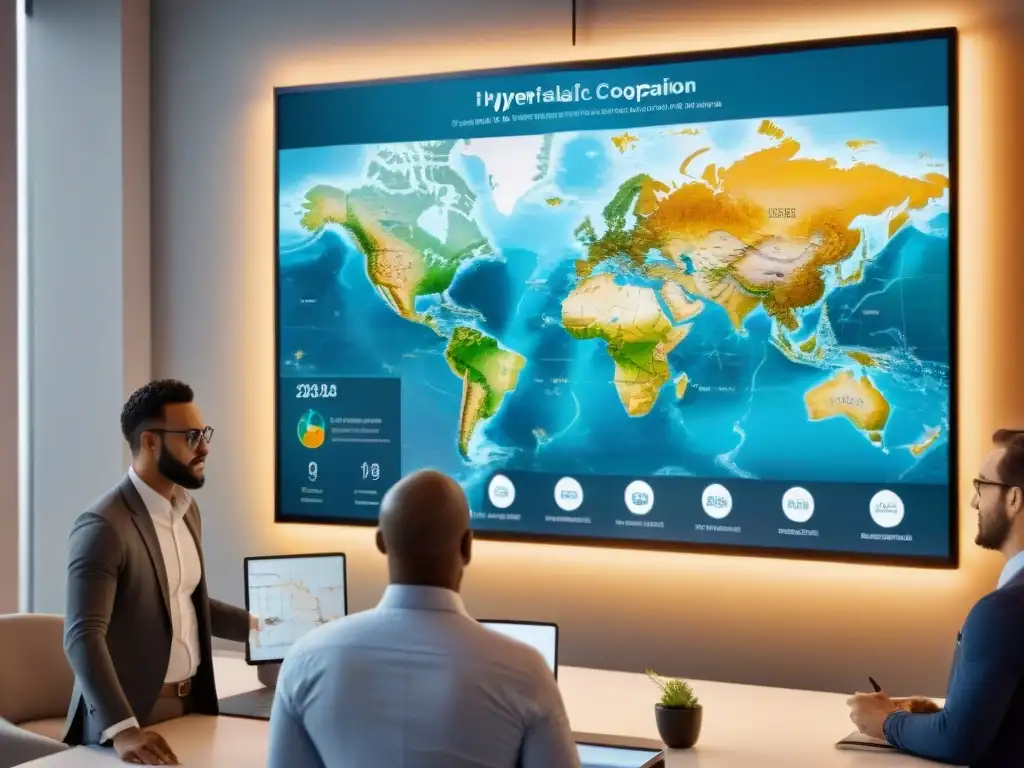 Profesionales colaborando en una oficina moderna con un mapa interactivo