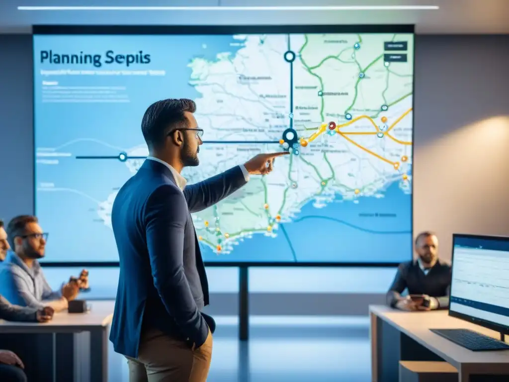 Profesionales discuten la planificación de redes de transporte en sala llena de tecnología y planos