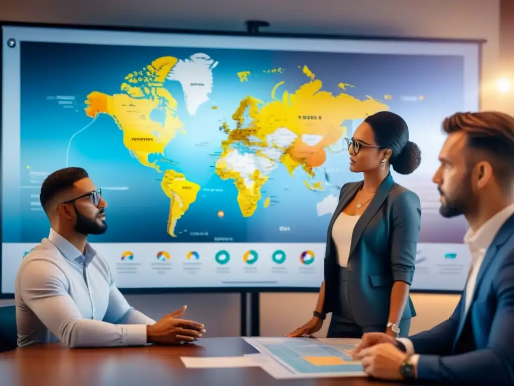 Profesionales analizan mapas de riesgo con software especializado Profesionales colaborando con software cartografía riesgos innovación en ambiente cálido y detallado
