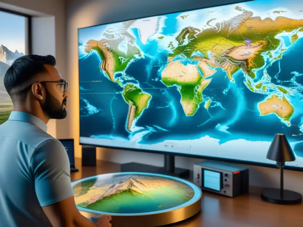 Profesionales de la cartografía topográfica avanzada analizan detalladamente un mapa en un laboratorio moderno