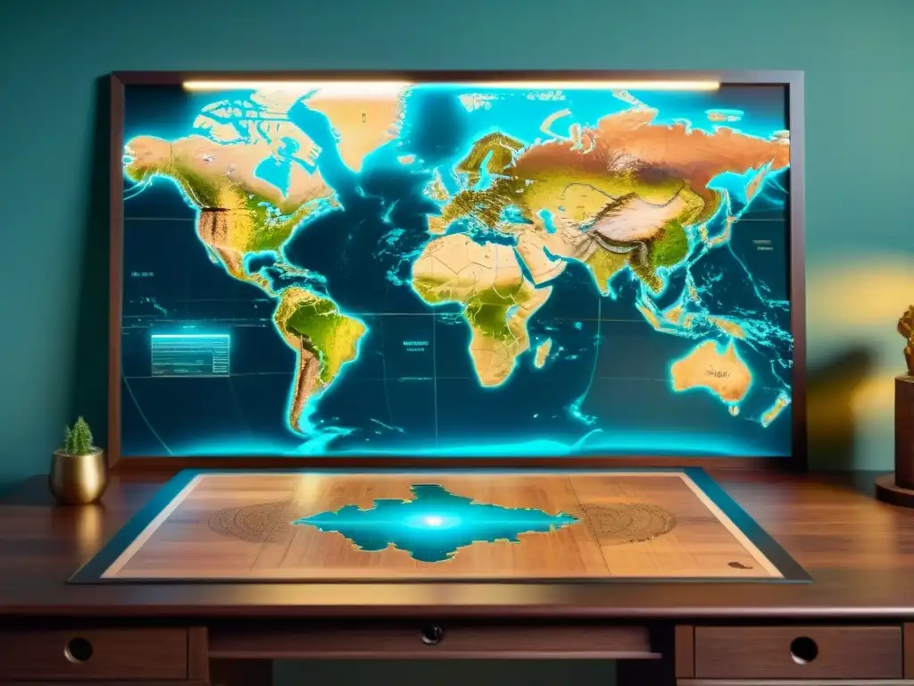 Realidad aumentada en cartografía: mapa holográfico futurista sobre escritorio de madera vintage