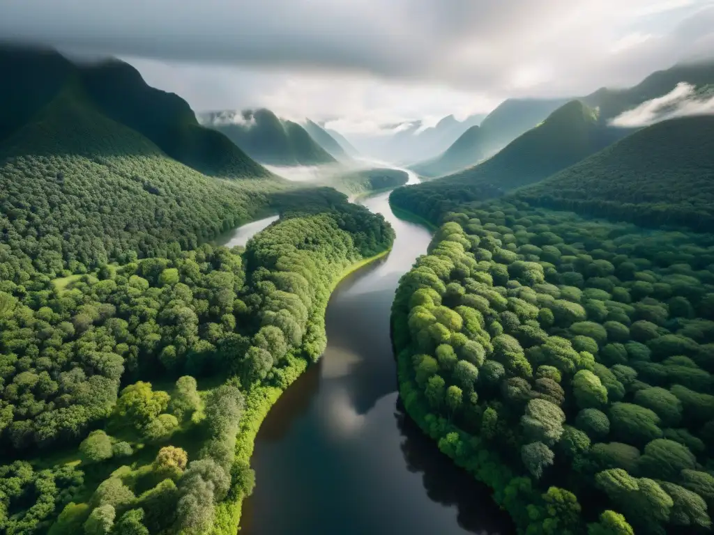 Red de ríos y bosques vistos desde un dron en sepia