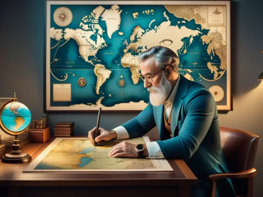 El renombrado cartógrafo Gerardus Mercator dibuja detalladamente un mapa mundial en su escritorio, rodeado de herramientas cartográficas y mapas antiguos, en una habitación tenue que destaca su concentración