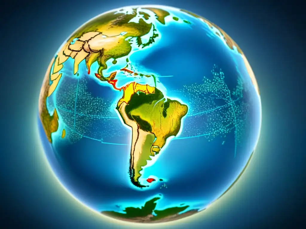 Una representación detallada en sepia de una proyección digital del globo terráqueo mostrando rutas comerciales globales interconectadas, resaltando caminos que unen grandes ciudades en distintos continentes