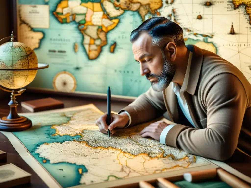 Retrato sepia detallado de Gerardus Mercator, cartógrafo, creando un mapa antiguo rodeado de herramientas y mapas históricos, destacando la precisión y arte en la historia de la cartografía moderna