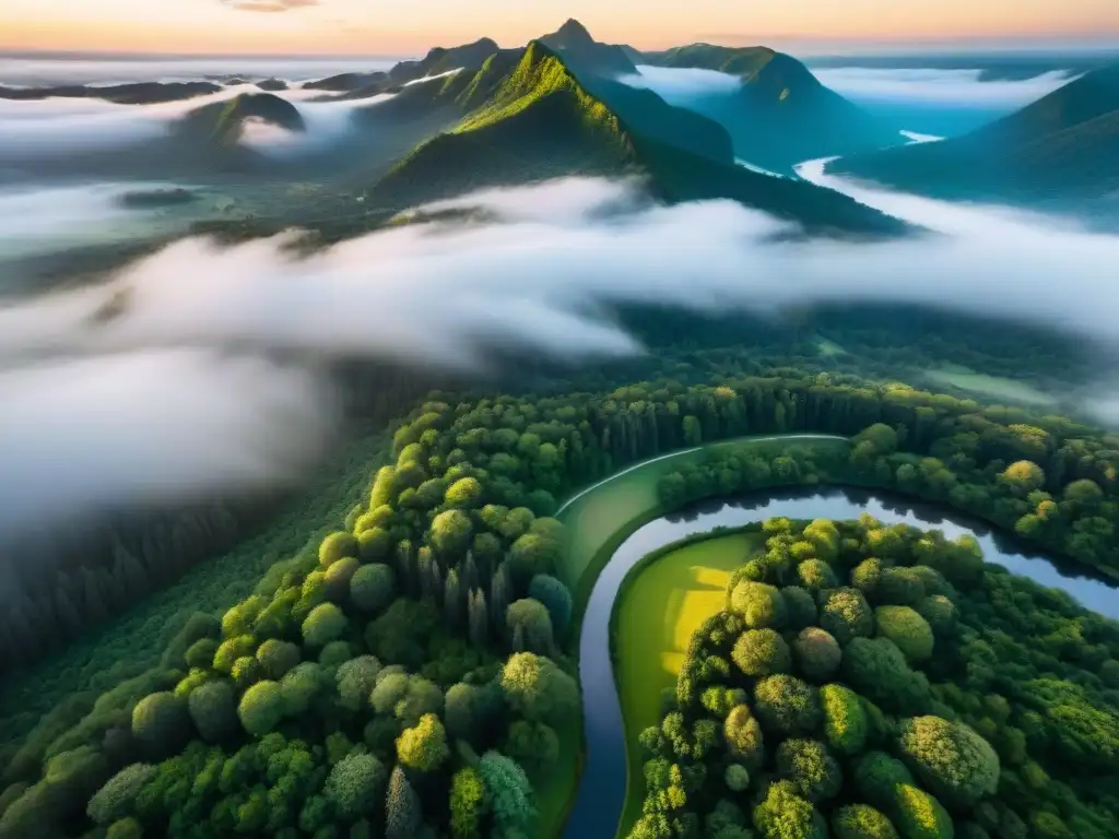 Un río serpenteando entre bosques verdes capturado desde un dron al atardecer