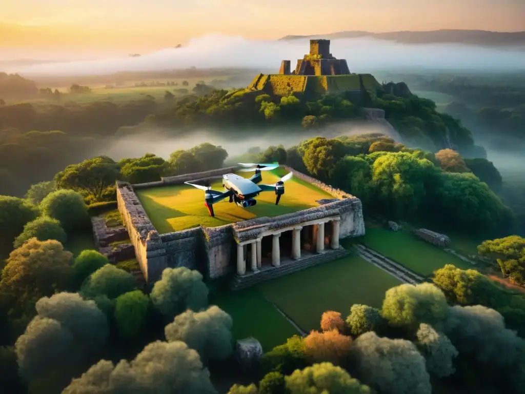 Explora ruinas antiguas al atardecer con un dron