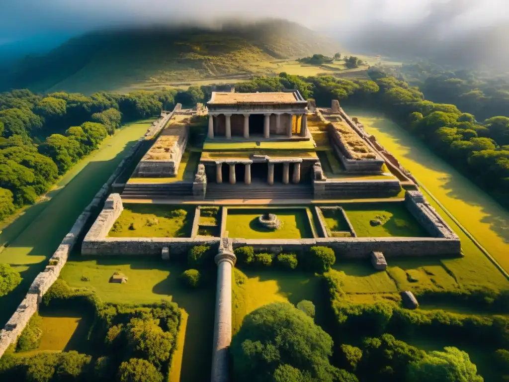 Ruinas de civilización antigua captadas por dron en sepia, revelando detalles arqueológicos