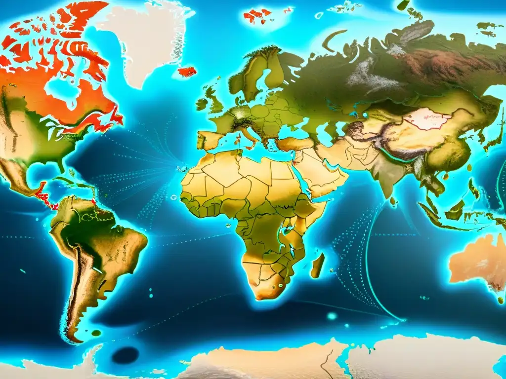 Intrincada cartografía sepia de rutas comerciales globales interconectadas, simbolizando la influencia de la tecnología GIS en las relaciones internacionales