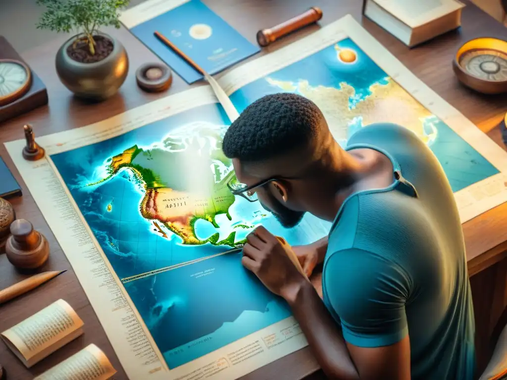 Ilustración sepia detallada de Ptolomeo estudiando mapas antiguos Un sabio Ptolomeo estudia mapas antiguos rodeado de herramientas cartográficas, con un detallado mapa mundial desplegado frente a él