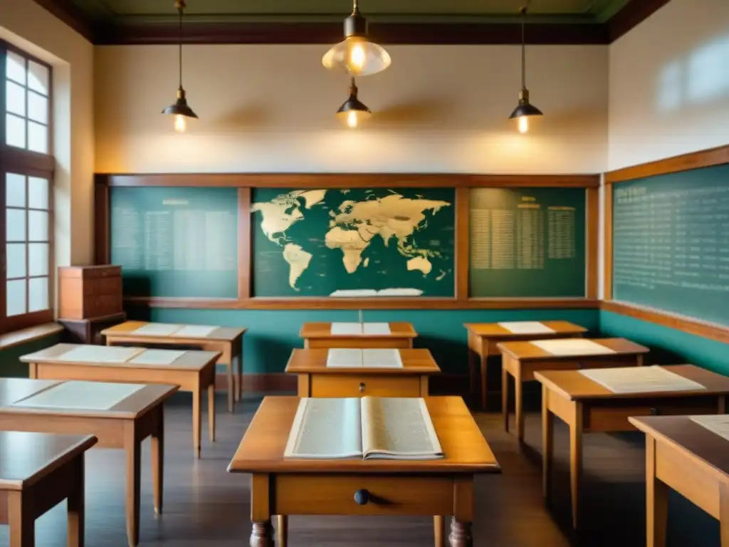 Un salón de clase vintage con mapas antiguos y posters educativos en las paredes