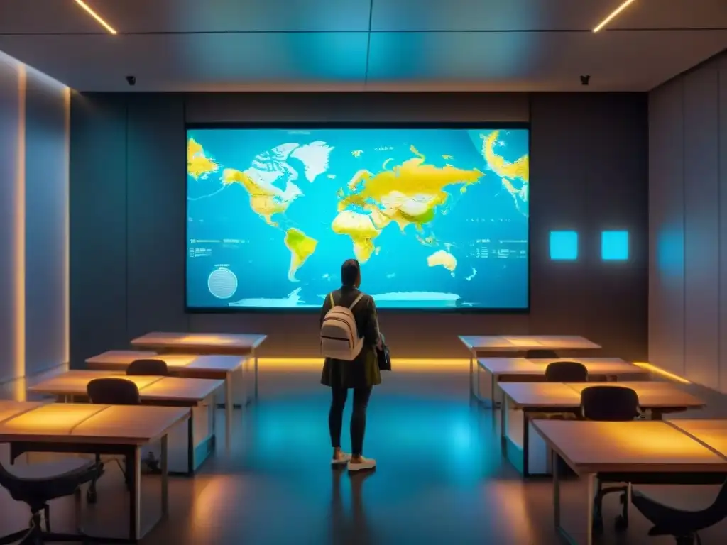 Salón futurista con mapas interactivos educación cartografía digital, tecnología holográfica y pantallas táctiles