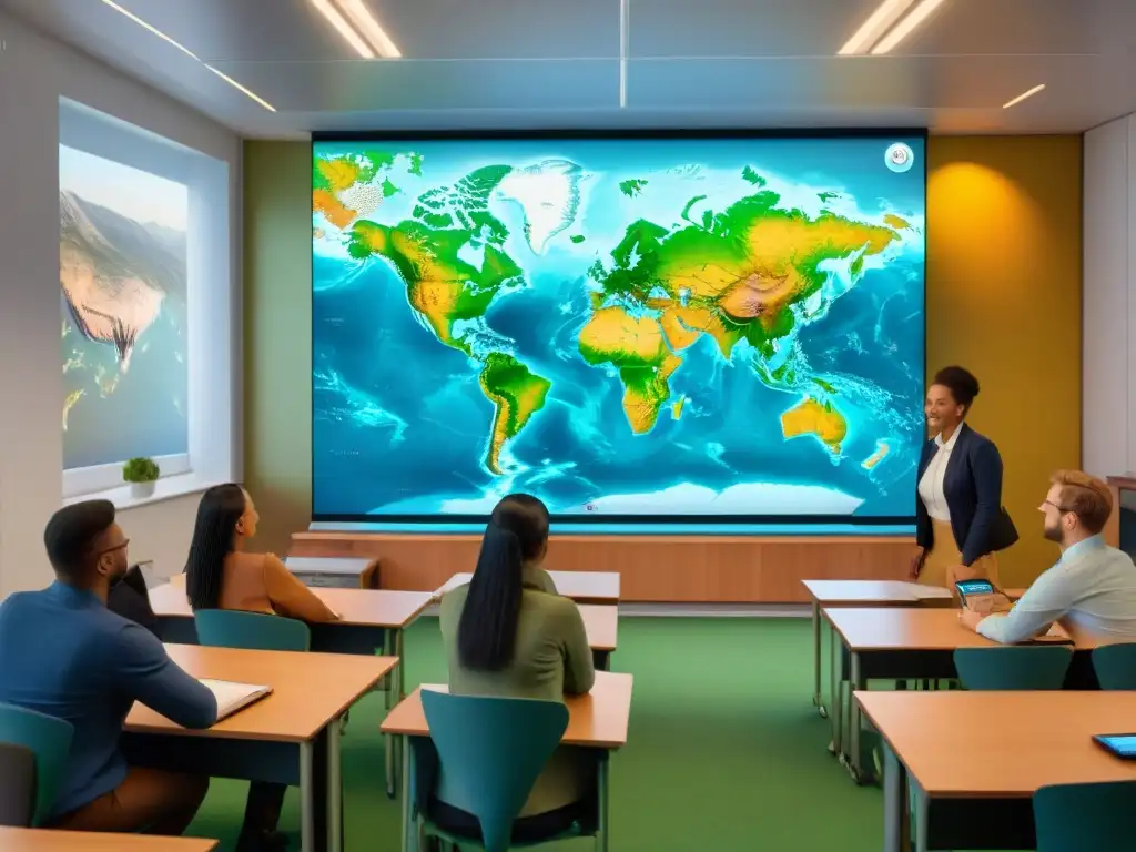 Salón moderno con mapas interactivos, diversidad y colaboración en la enseñanza de geografía