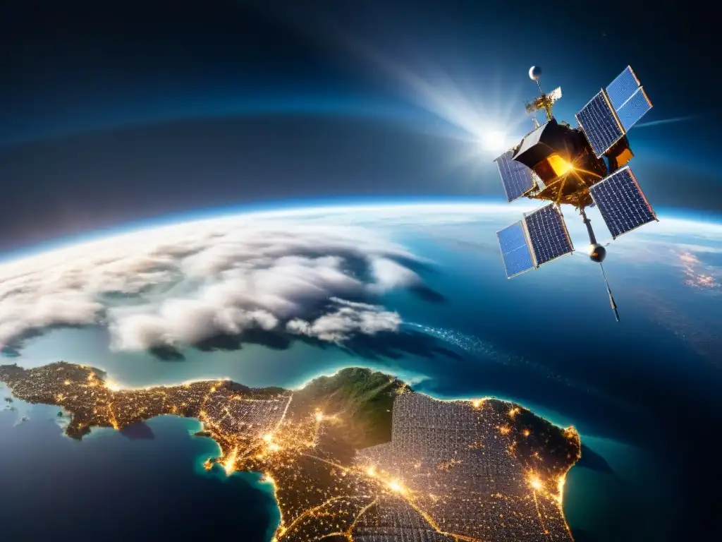 Satélite en órbita capturando la Tierra, destacando tecnología avanzada y la importancia de los satélites en la cartografía digital