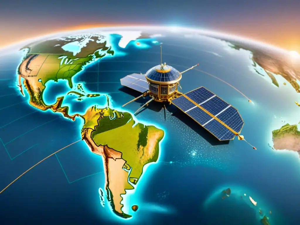 Un satélite vintage detallado sobre un mapa del mundo, fusionando historia, cartografía digital y satélites