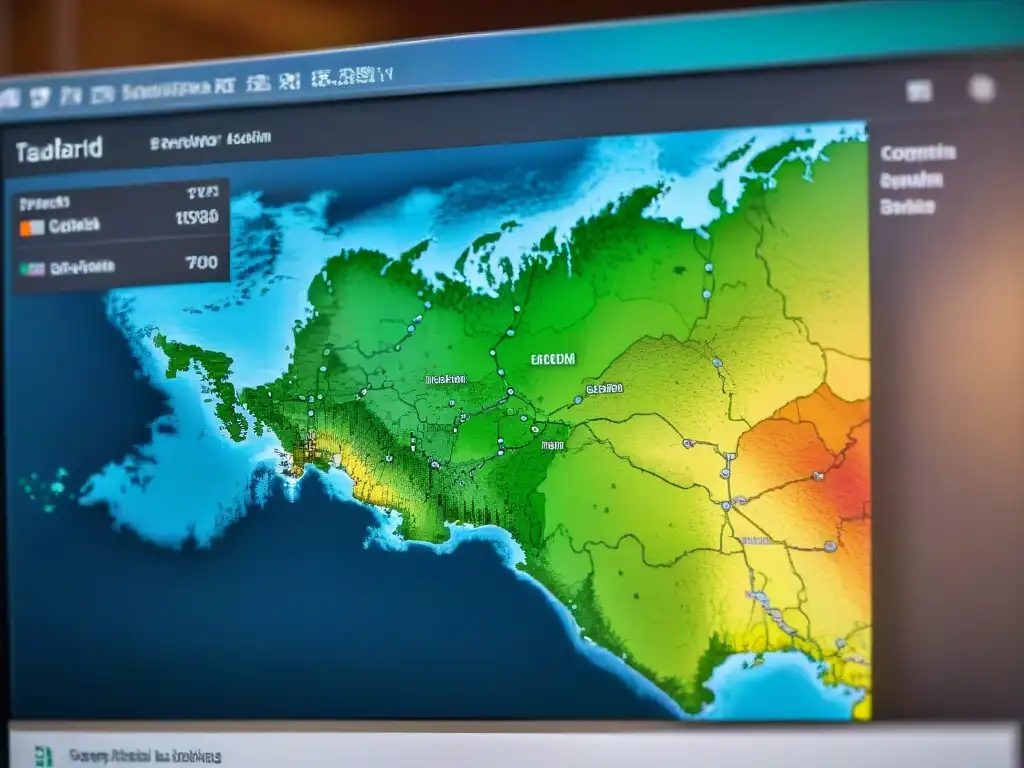 Un sofisticado panel de visualización de datos en SIG, con mapas, gráficos y tablas detalladas en sepia de alta resolución