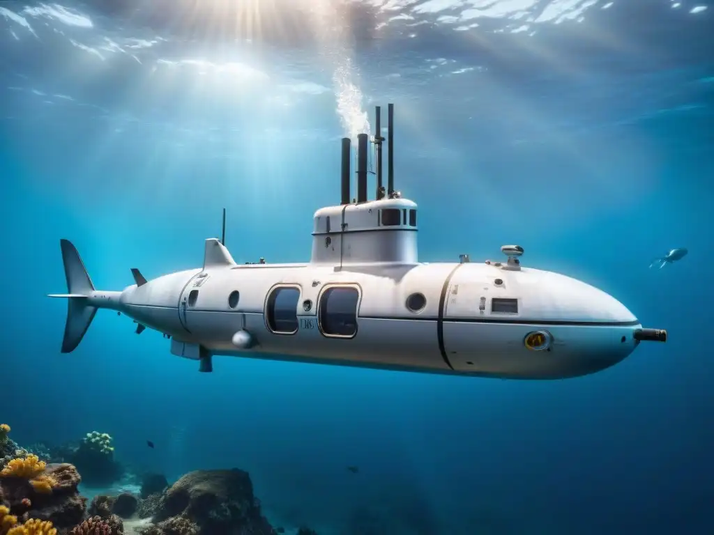 Exploración submarina: un submarino de alta tecnología mapea el océano, rodeado de vida marina y terreno submarino detallado