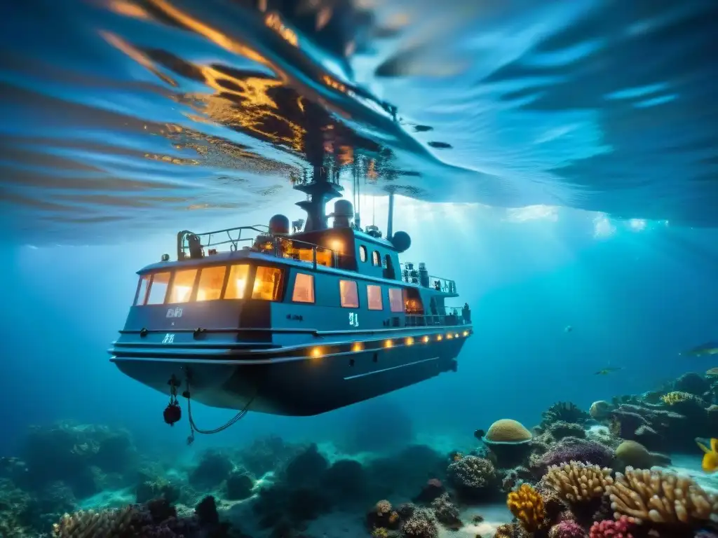 Exploración submarina con tecnología avanzada en un paisaje marino lleno de vida