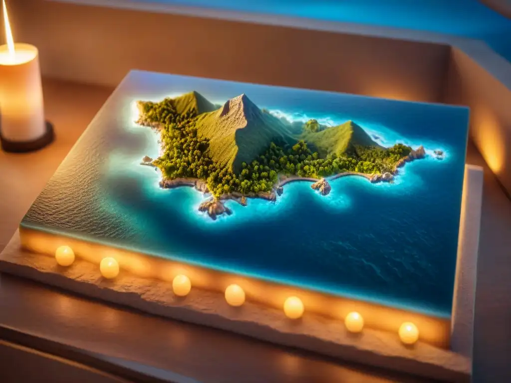 Tableta de piedra con antiguo mapa del mundo detallado en sepia, iluminado por luz de vela