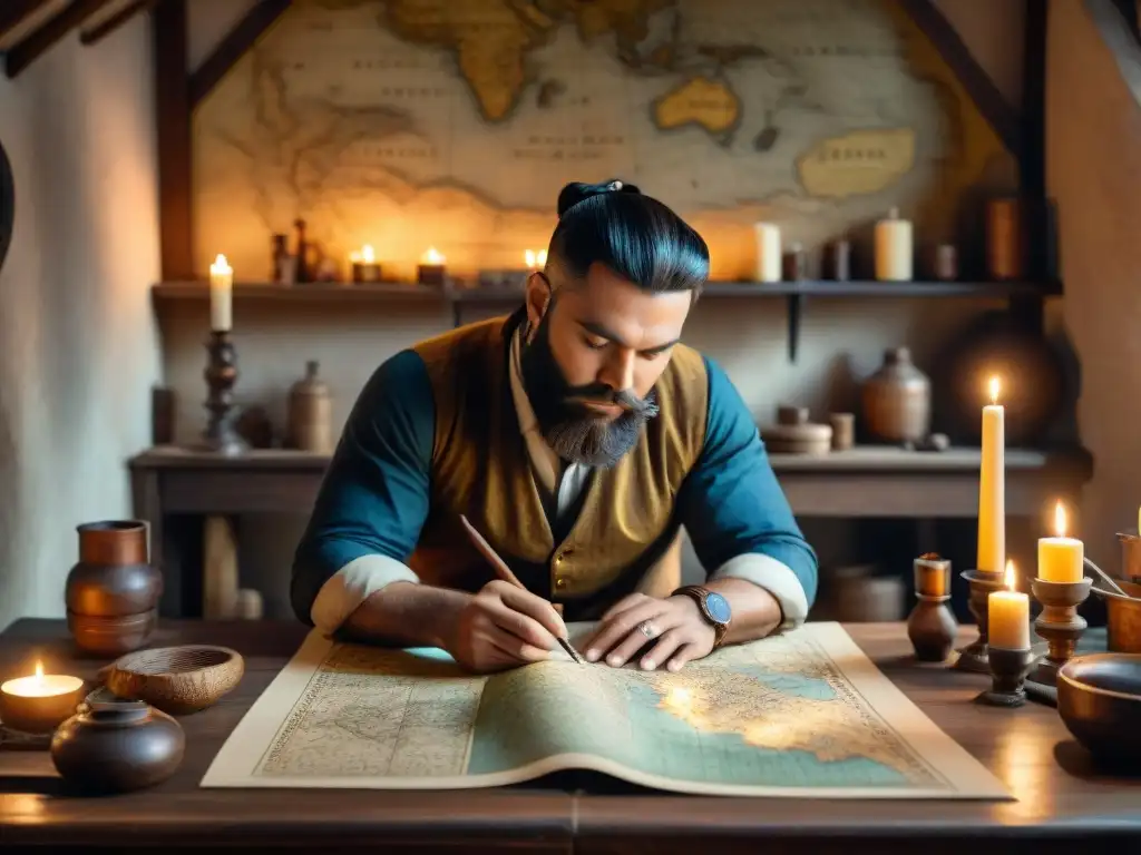 Antiguo cartógrafo creando mapas detallados en su taller Un taller de cartógrafo antiguo detallado en sepia, con instrumentos antiguos y mapas en las sombras, iluminado por velas temblorosas
