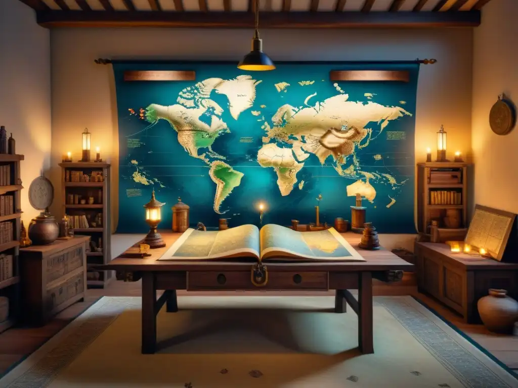 Un taller de cartógrafo en sepia durante el Renacimiento, con mapas detallados y herramientas de navegación, iluminado por velas