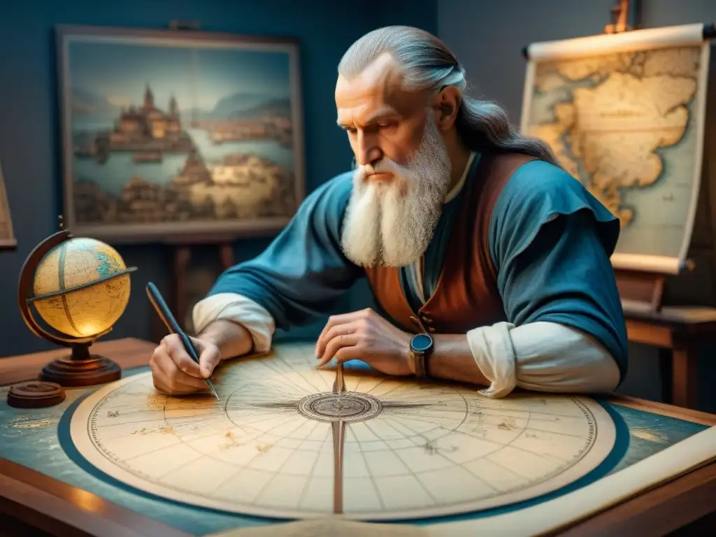 Leonardo da Vinci en su taller, trabajando en un mapa detallado con herramientas cartográficas históricas