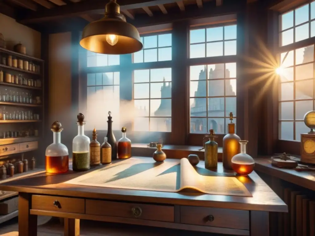 Un taller de mapas históricos en una bulliciosa ciudad, con cartógrafos meticulosos rodeados de instrumentos antiguos