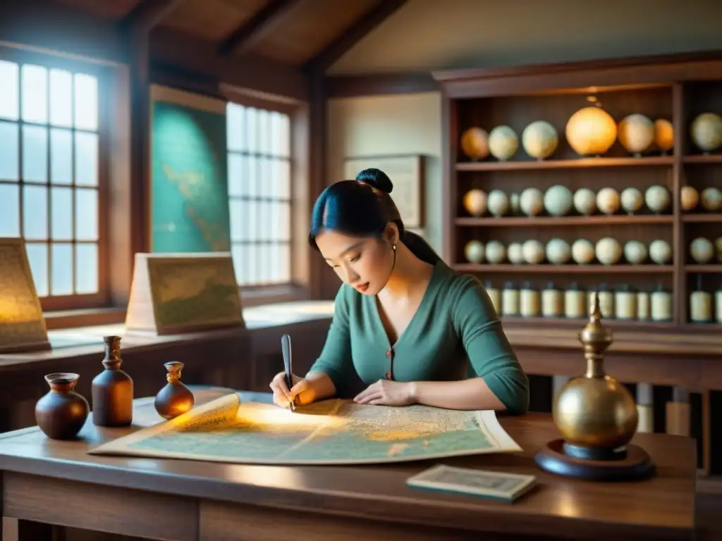 Un taller de cartografía histórica en sepia, cartógrafos dibujan mapas a mano con herramientas antiguas, creando una atmósfera nostálgica y académica