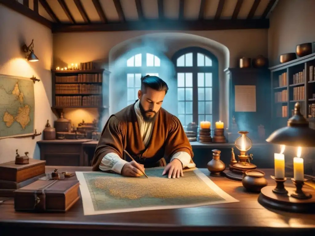 Un taller renacentista detallado en sepia, con un cartógrafo trabajando en un mapa con técnicas cartográficas
