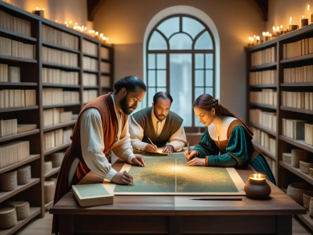 Un taller renacentista de cartografía en plena actividad, con cartógrafos elaborando mapas a mano en mesas de madera iluminadas por velas