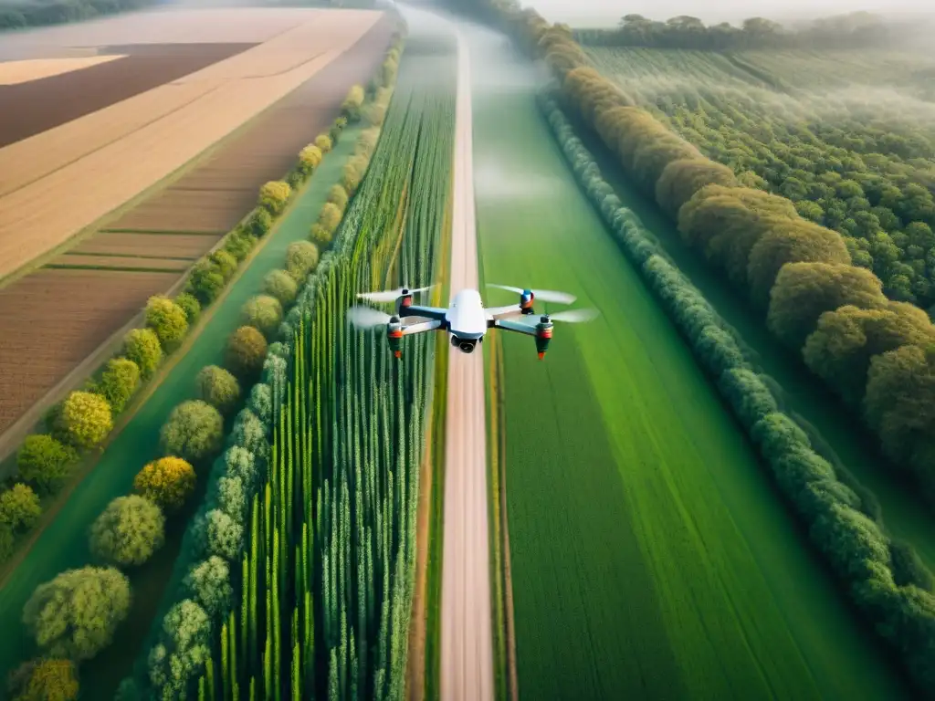 Explora técnicas mapeo aéreo con drones sobre exuberante paisaje verde, detalle y movimiento en sepia
